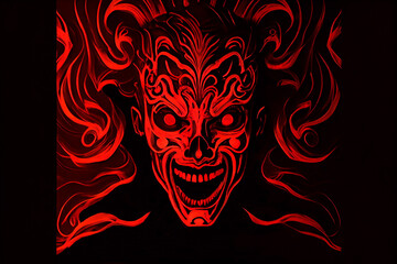 Track cover design in the style of tormented demons from hell on a red-dark background. Head of a bloody skull with bloody flames. Scary and bloodthirsty monster with a wide smile. 3d rendering