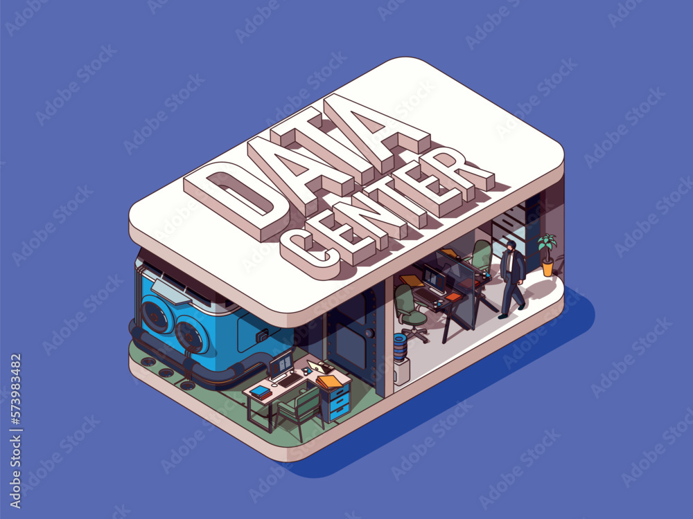 Poster data center concept in 3d isometric graphic design. infrastructure for data computing, tech support 