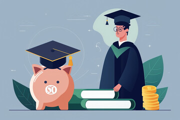 Happy undergraduate student and piggy bank in mortarboard cap graduated from college or high school with honors. Investment in knowledge, flat cartoon illustration generative AI