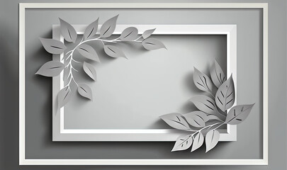 a paper cut of leaves and a frame on a gray background.  generative ai