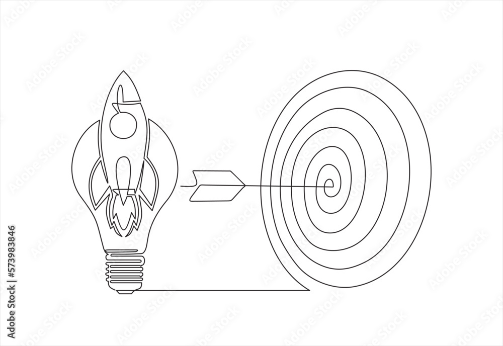 Poster continuous one line drawing of light bulb with a dart board and rocket launch, ship. startup idea an