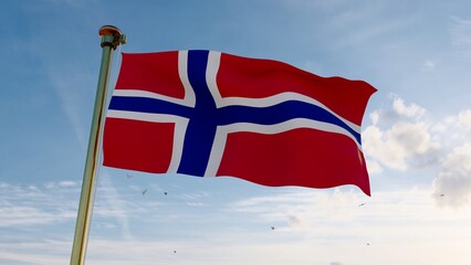 Flag of Norway waving in the wind, sky and sun background. Norway Flag. Ultra Hd, 3d rendering.