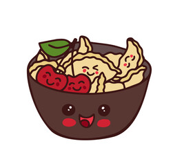 Traditional Ukrainian cuisine, 
dumplings, varenyky, with cherries. Cute character. 