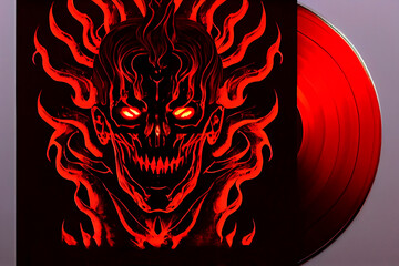 Track cover design in the style of tormented demons from hell. Bloodthirsty monster with blood on the cover of the disc. Art on vinyl. Skull with red flames. 3d illustration
