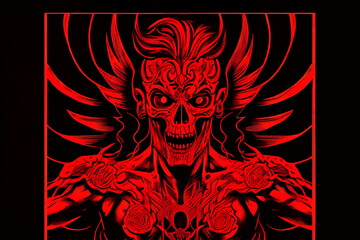 Track cover design in the style of tormented demons from hell on a red-dark background. Head of a bloody skull with bloody flames. Scary and bloodthirsty monster with a wide smile. 3d rendering