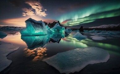 The Northern Light Aurora borealis at Kirkjufell mountain Iceland. Generative AI
