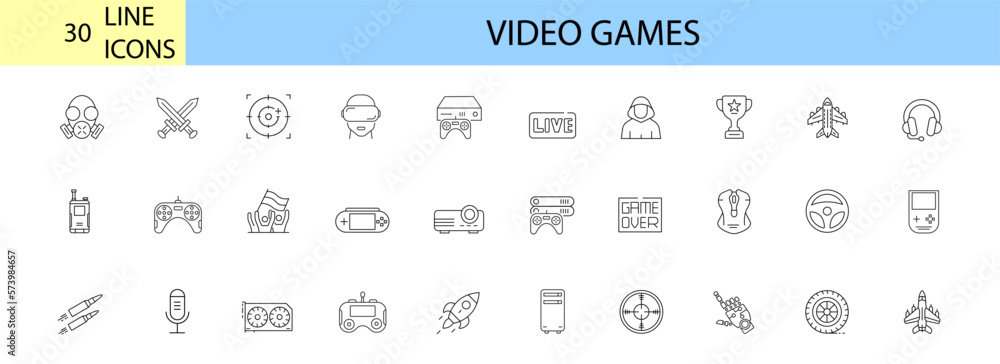 Poster video games icons set. game genres and attributes. lines with editable stroke. isolated vector icons