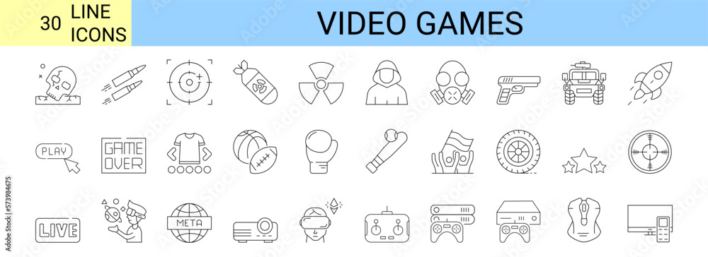 Poster video games icons set. game genres and attributes. lines with editable stroke. isolated vector icons