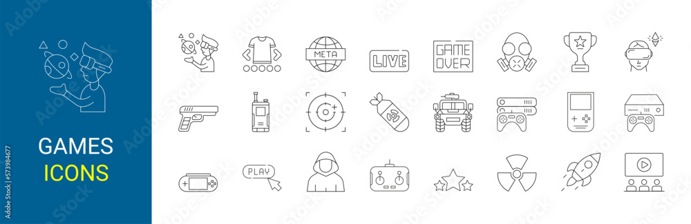 Poster video games icons set. game genres and attributes. lines with editable stroke. isolated vector icons