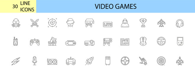 Fototapeta na wymiar Video games icons set. Game genres and attributes. Lines with editable stroke. Isolated vector icons