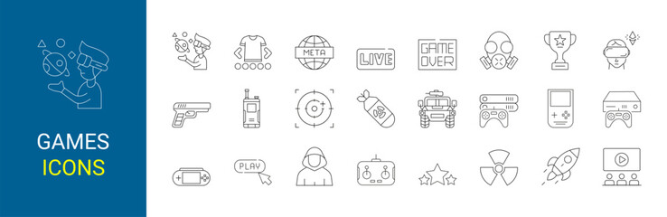 Video games icons set. Game genres and attributes. Lines with editable stroke. Isolated vector icons