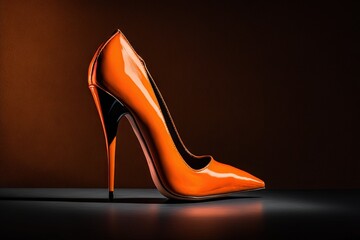  a pair of orange high heeled shoes on a black surface.  generative ai