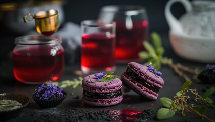 Obraz na płótnie Canvas a table topped with purple macaroons next to a cup of tea. generative ai