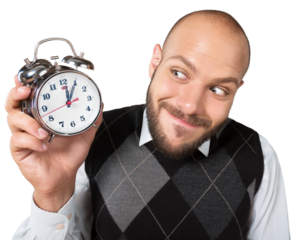 Man holding alarm clock isolated on white background