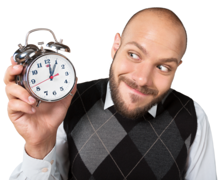 Man holding alarm clock isolated on white background - Powered by Adobe