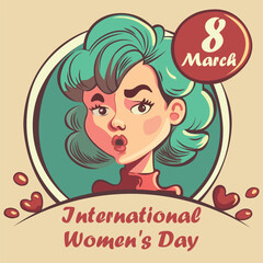 Postcard to the day of March 8. Beautiful girl with hearts on International Women's Day. Flat illustration. Cute holiday card.