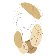 Silhouettes of the figure of a girl and a leaf of a plant in a modern one-line style. Solid line, aesthetic outline for home decor, posters, stickers, logo. Vector illustration.