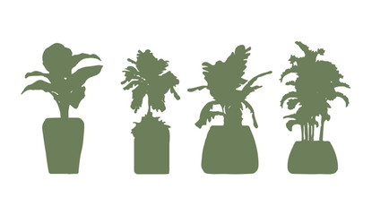 Collection silhouettes of houseplants in black color. Potted plants isolated on white. set green tropical plants. trendy home decor with indoor plants, planters, cactus, tropical leaves.