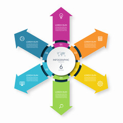 Infographic circle with 6 arrows directed from the center . 6-step colorful vector template for business infographics.