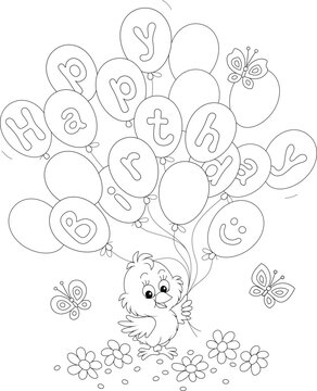 Birthday card with a happy little chick holding holiday balloons among flowers and merry butterflies, black and white outline vector cartoon illustration