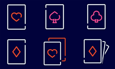 Set of casino blackjack card icons Neon style Vector