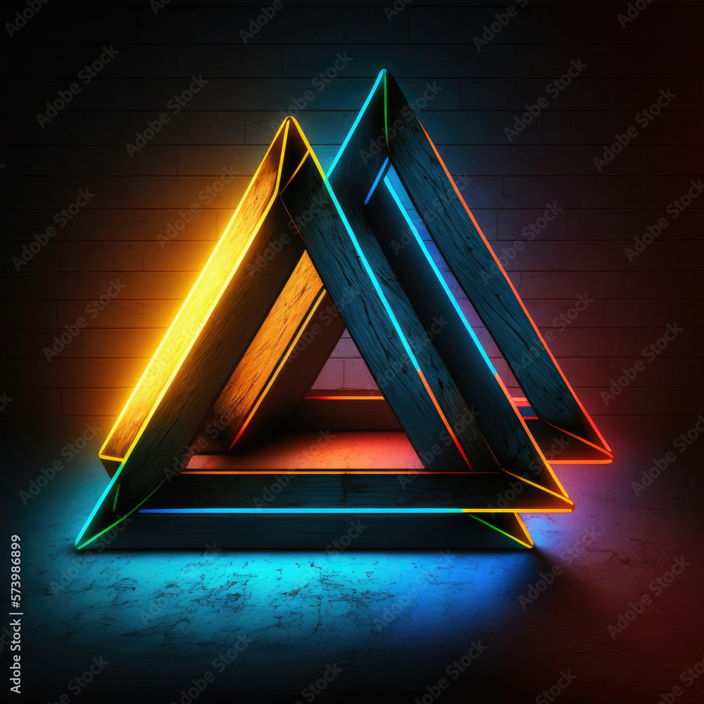 Poster abstract background with magic neon light triangle, triangular with glowing lines on dark background