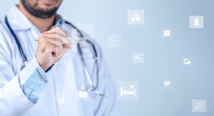 Asian smart doctor on white background,digital medical futuristic interface virtual screen