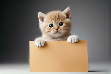 Funny kitten cat holding a blank sign, sheet of paper for text.