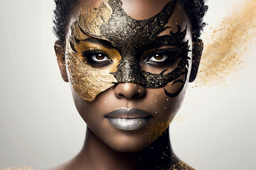 Sexy black woman wearing a golden carnival mask isolated on white background, generative ai