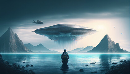 Mysterious Triangle UFO Over the Blue Ocean, Witnessed by a Fisherman. Generative Ai