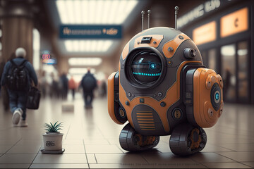 A cute and adorable robot, cyborg, android mall security patrolling the mall, monitoring people