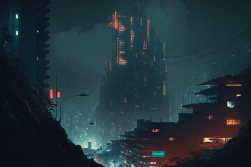  a futuristic city at night with neon lights on the buildings.  generative ai