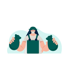 a woman was standing wearing a gray shirt and wearing a green apron carrying two bags of goods in hand
