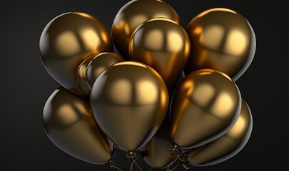 a bunch of shiny gold balloons floating in the air on a black background.  generative ai