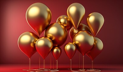  a bunch of red and gold balloons on a red background.  generative ai
