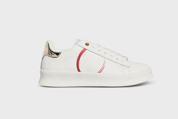 Blank White women's basketball tennis sneaker, sports shoe, boot for female isolated on white background. Footwear, casual leather training shoe. Template, mock up