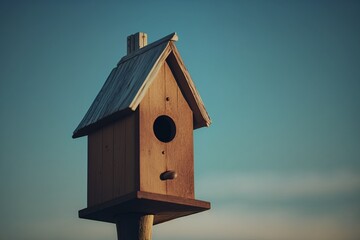 Obraz na płótnie Canvas Vertical shot of birdhouse against the clear sky, AI generated.