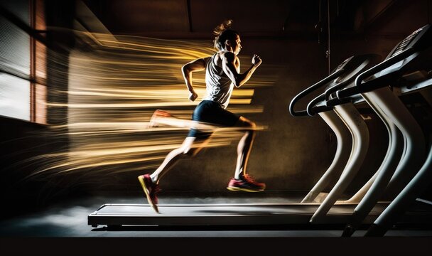  a man running on a treadmill in a dark room.  generative ai