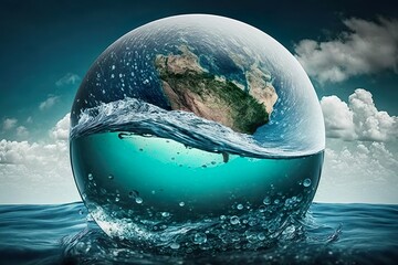 Water Scarcity. Planet Earth is floating in ocean, Global warming Concept