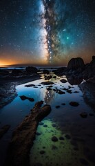 Obraz na płótnie Canvas Milky Way Galaxy reflected on the coastline with rock tidepools. Nature landscape. Generative AI.