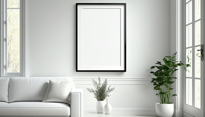 Fototapeta na wymiar mockup poster frame in modern interior background, living room, Scandinavian style, Generative ai