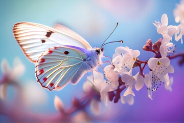 Beautiful Butterfly on White Flowers background. Created with Generative AI Technology