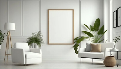 mockup poster frame in modern interior background, living room, Scandinavian style, Generative ai