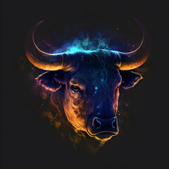 Head Taurus Horoscope. Ai Generated Illustration. Outer Space Background. Lunar Zodiac.