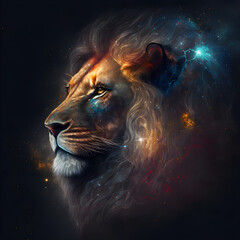 Leo Lion Horoscope Sign. Ai Generated Illustration. Outer Space Background. Lunar Zodiac.