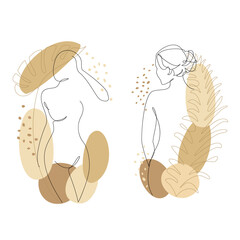 Collection.Silhouettes of a figure of a girl and a leaf of a plant in a modern one-line style. Solid line, outline for decor, posters, stickers, logo. Vector illustration set.