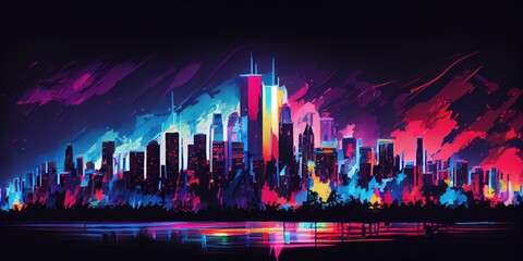 Neon city skyline, impressionism. City of Lights. Generative AI.
