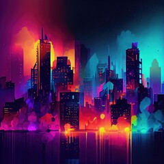 Neon city skyline, impressionism. City of Lights. Generative AI.