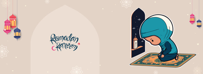 Ramadan Kareem Banner Design With Muslim Girl Offering Namaz (Prayer) On Mat And Hanging Lamps Decorated Background.