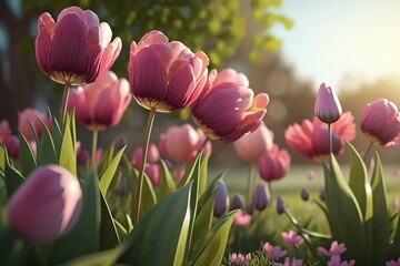 garden of pink tulips. tulips bloom in the field. spring. Generative AI